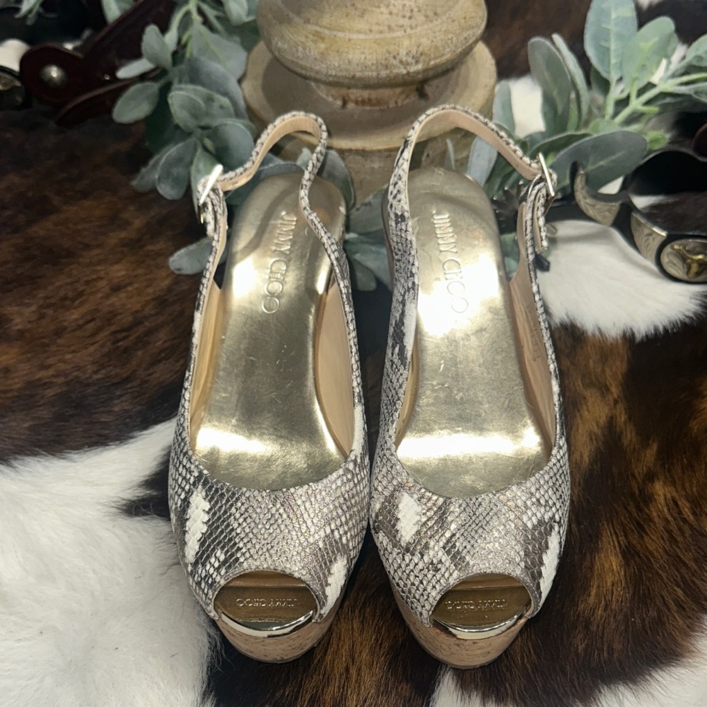 Jimmy Choo Snakeskin Wedges - Gold and Cream